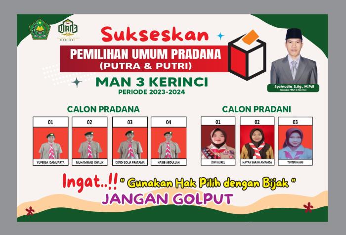 PEMILIHAN UMUM PRADANA (PUTRA & PUTRI) MAN 3 KERINCI PERIODE 2023-2024