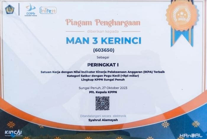 MAN 3 Kerinci menerima penghargaan peringkat I IKPA terbaik pagu kecil Lingkup KPPN sungai Penuh