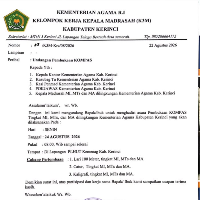 MAN 3 Kerinci Siap Sukseskan Ajang KOMPAS Tingkat Kabupaten Kerinci 2026