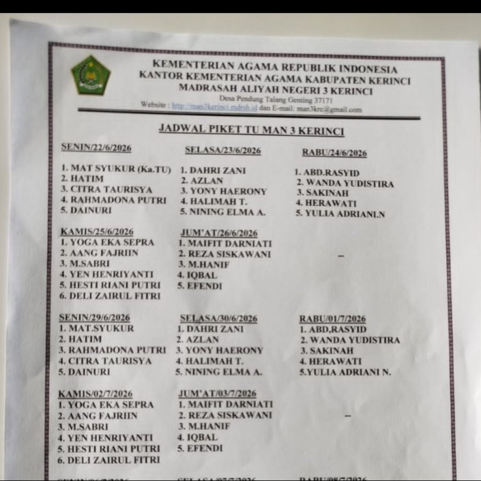 Jadwal Piket TU MAAn 3 Kerinci Libur Semester Genap
