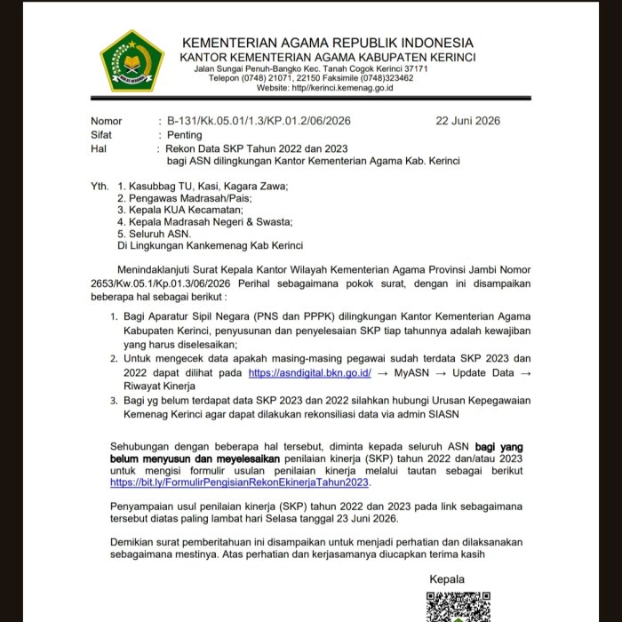 ASN MAN 3 Kerinci Rekonsiliasi Data SKP 2022 dan 2023