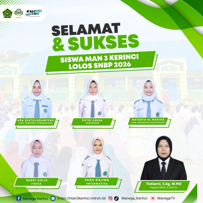 Siswa MAN 3 Kerinci Lolos SNBP 2026 di PTN Favorit