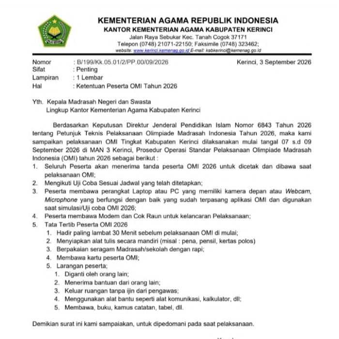 Kembali Dipercaya Kemenag Kerinci, MAN 3 Kerinci Sukses Dua Kali Berturut-turut Menjadi Tuan Rumah OMI 2026 Kembali Dipercaya Kemenag Kerinci, MAN 3 Kerinci Sukses Dua Kali Berturut-turut Menjadi Tuan Rumah OMI 2026
