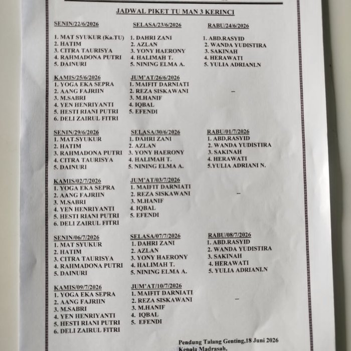 Jadwal Piket Staf TU MAN 3 Kerinci Saat Libur Semester Jadwal Piket Staf TU MAN 3 Kerinci Saat Libur Semester