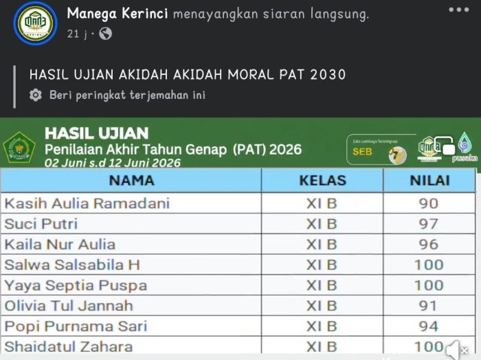 MAN 3 Kerinci Umumkan Hasil Ujian Secara Live di Facebook