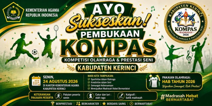 Sambut Pembukaan KOMPAS 2026, MAN 3 Kerinci Siap Unjuk Gigi dalam Ajang Olahraga dan Seni Tingkat Kabupaten Sambut Pembukaan KOMPAS 2026, MAN 3 Kerinci Siap Unjuk Gigi dalam Ajang Olahraga dan Seni Tingkat Kabupaten