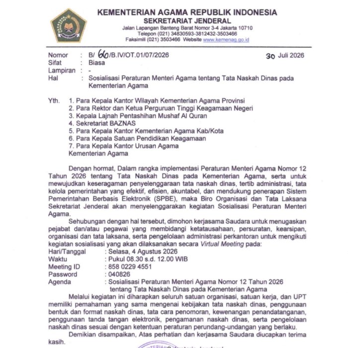Sekjen Kemenag Gelar Sosialisasi PMA Nomor 12 Tahun 2026 tentang Tata Naskah Dinas