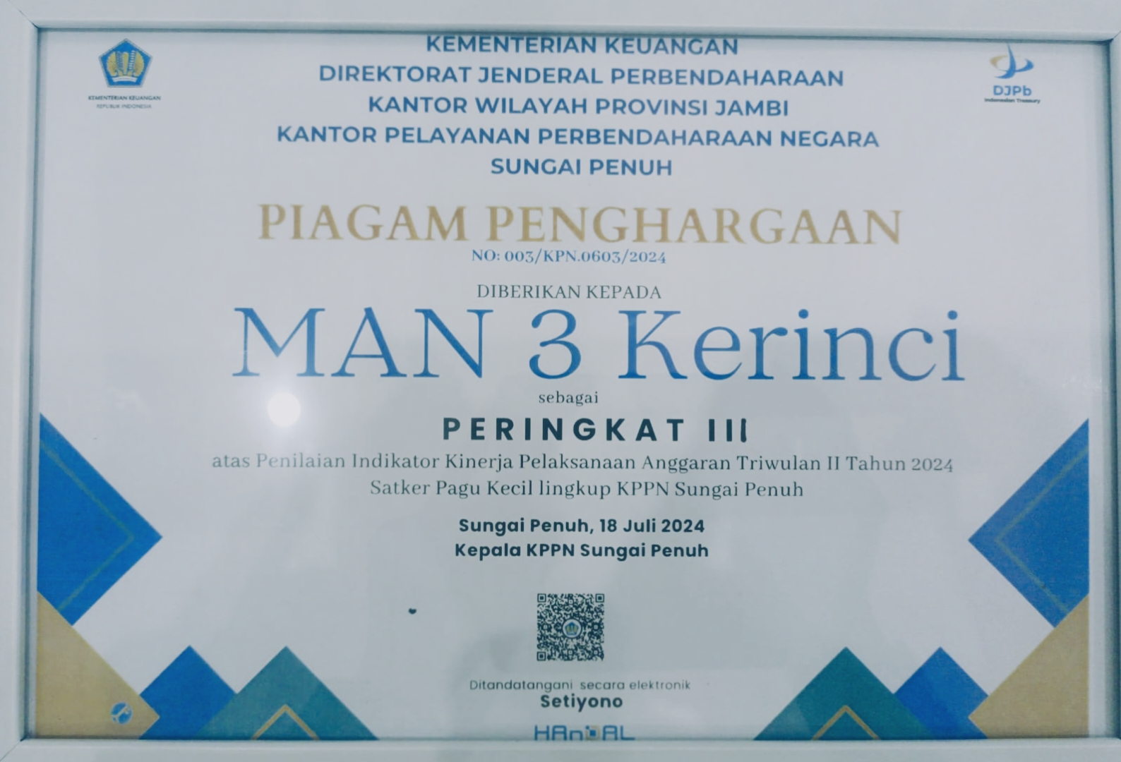 MAN 3 Kerinci Raih Peringkat III Capaian IKPA Kategori Pagu Kecil TA 2024