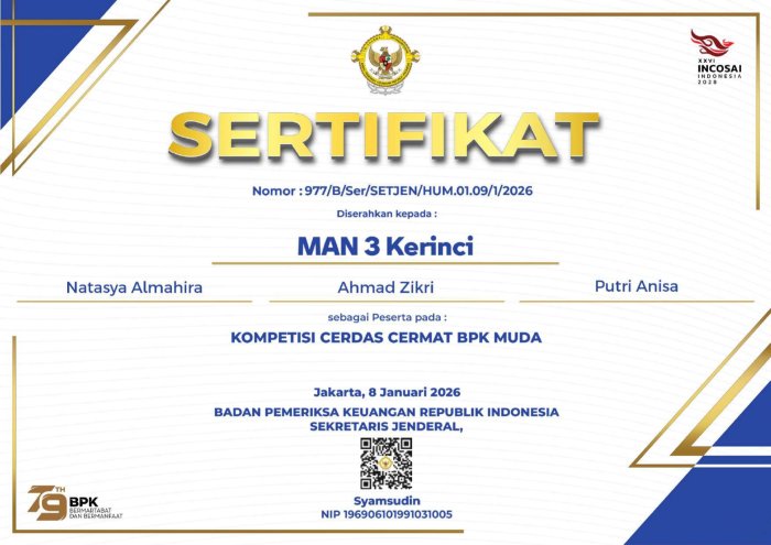 Siswa MAN 3 Kerinci Raih Penghargaan di Cerdas Cermat BPK Muda