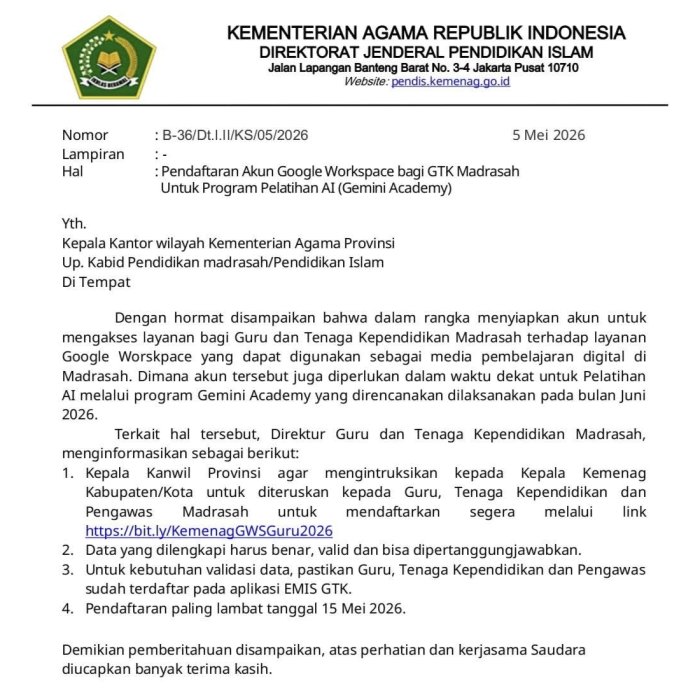 Kemenag Instruksikan GTK Madrasah Daftar Google Workspace