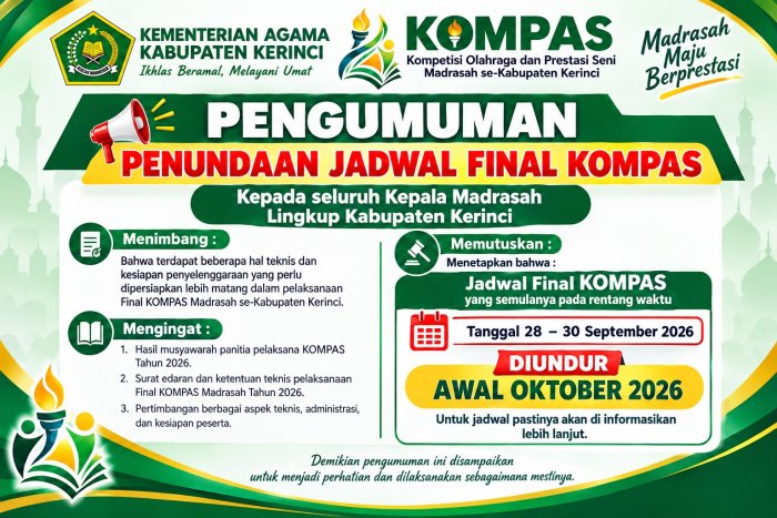 Jadwal Final KOMPAS 2026 Ditunda Hingga Awal Oktober, Kontingen MAN 3 Kerinci Tetap Matangkan Persiapan Jadwal Final KOMPAS 2026 Ditunda Hingga Awal Oktober, Kontingen MAN 3 Kerinci Tetap Matangkan Persiapan