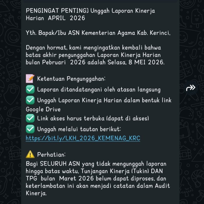 ASN Kemenag Kerinci Diminta Segera Unggah Laporan Kinerja
